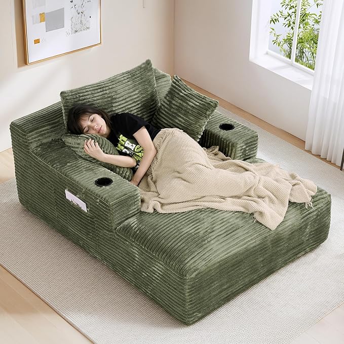 50"W x 68"D Oversized Chaise Lounge Chair Indoor Boneless Reading Chair Plush Corduroy Recliner with Cup Holders Large Deep Seat Comfy Sofa Bed Couch with 3 Pillows for Living Room Bedroom, Green