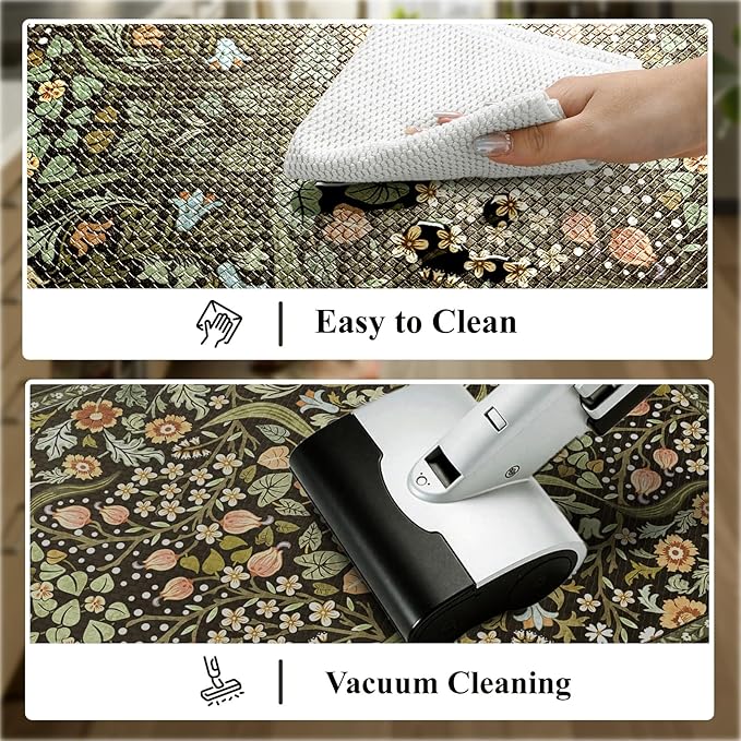 Collive Kitchen Floor Mat Cushioned Anti Fatigue, Boho Floral Desk Mats Non Skid Waterproof Kitchen Sink Rugs Sets of 2, Memory Foam Comfort Standing Carpet for Office, 20" x 47" + 20" x 32", Black