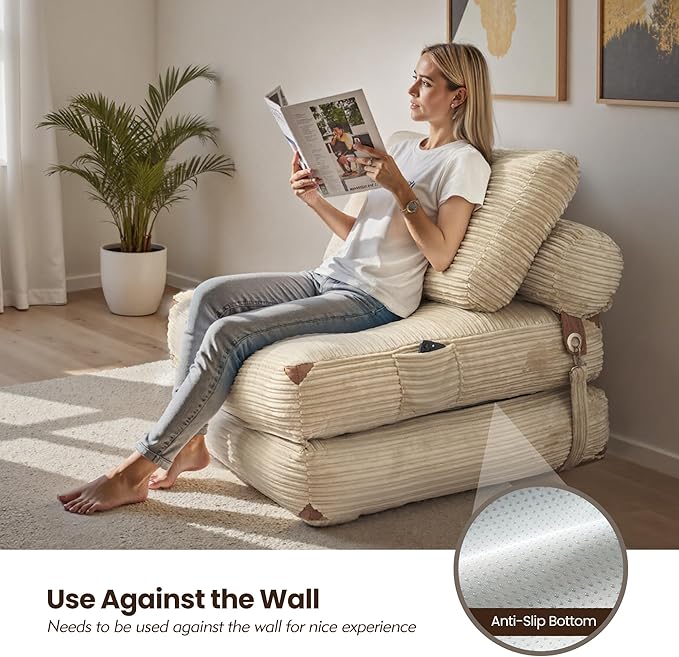 ovios Folding Sofa Bed, Foldable Sleeper Chair Floor Futon, Comfy Portable Convertible Fold Out Lounge Chairs for Living Room Bedroom, Beige
