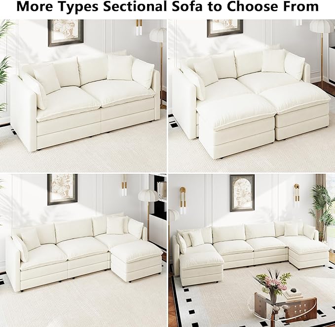 Aoowow Modular Sectional Sofa Modern Convertible U Shaped Couch,147.2 Inch Deep 4-Seater Sofas Set Comfy Chenille Cloud Sofas and Couches with Movable Ottoman for Living Room Apartment（Beige）