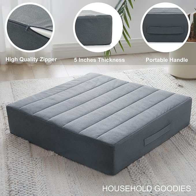 JKMAX 22 inches Floor Pillow for Adults - Large Meditation Cushion with Thick Foam & Soft Tufted Cover - Premium Outdoor Square Floor Cushion Seat - Yoga Pillows for Sitting On Floor - Dark Gray
