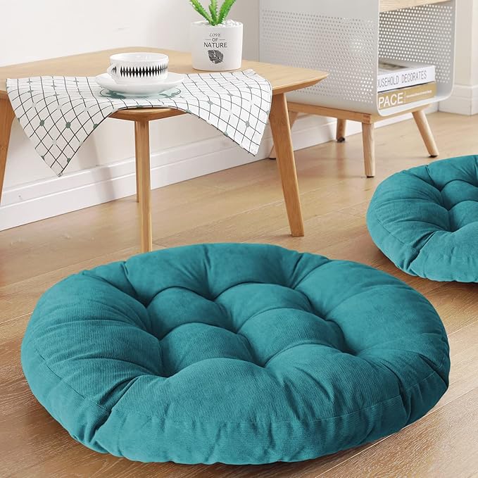 Round Floor Seat Pillows Cushions 22" x 22", Soft Thicken Yoga Meditation Cushion Pouf Tufted Corduroy Tatami Floor Pillow Reading Cushion Chair Pad Casual Seating for Adults & Kids, Turquoise
