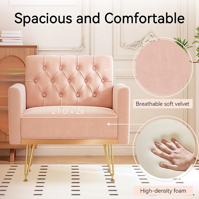 Accent Chair for Living Room, Comfy Oversized Velvet Upholstered Arm Chairs, Mid Century Modern Reading Single Sofa Side Chair with Tufted Back and Gold Legs for Bedroom (1, Pink)