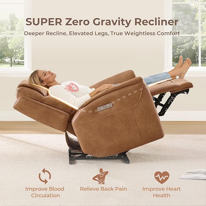 CHITA Power Recliner Chairs for Adults, Electric Leather Super Zero Gravity Recliner with USB & Type-C Charging Ports for Living Room, Bedroom & Home Theater Relaxation, Faux Leather in Camel