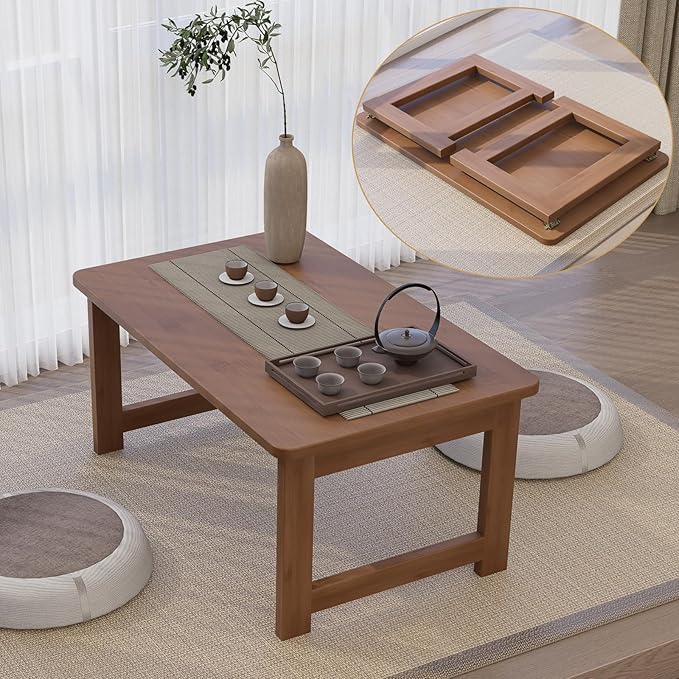 OETPJM Japanese Floor Table, Bamboo Folding Coffee Table, Portable Solid Wood Japanese Tatami Tea Table Table, No Assembly Japanese Dining Table for Sitting on The Floor, Easy Storage (Dark Walnut)