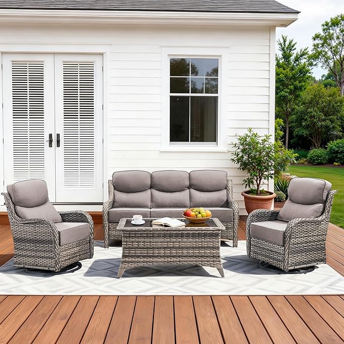 Pugire Luxury High Back Patio Furniture Set with 6-Inch Thick Cushions, 4-Pieces Outdoor Furniture with Swivel Chairs, Wicker Conversation Set for Porch, Balcony, Deck and Yard, Grey