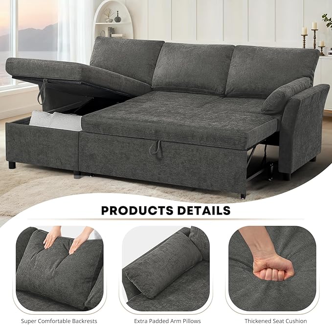 ACMEASE 83 Inches Fabric Sectional Sofa with Pull Out Sofa Bed, Modern L Shaped Sofa with Throw Pillows, Comfortable Sleeper Couch with Storage Chaise for Living Room, Grey
