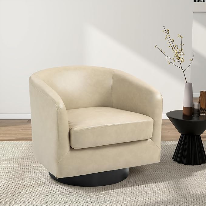 Swivel Barrel Chair, Modern Round PU Leather Accent Armchair for Living Room, Bedroom, Oversized Comfy Club Reading Chairs for Adults