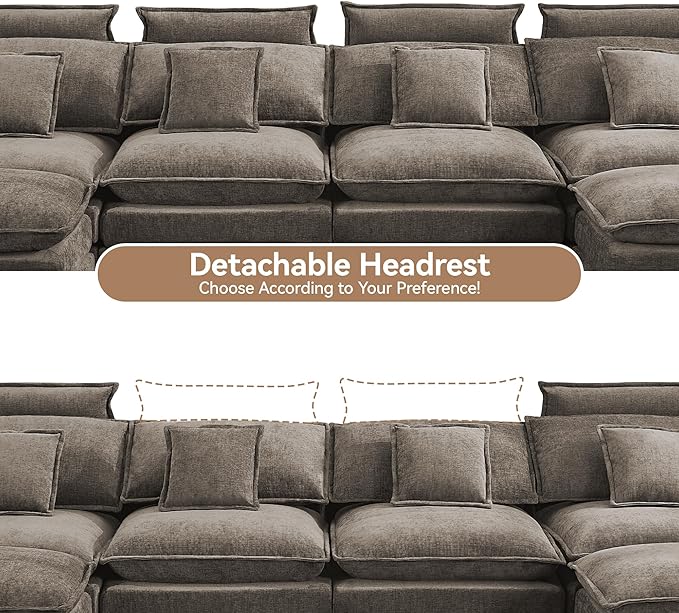 134'' Cloud Modern 4 Seater Couch with Detachable Headrest, Modular Sectional Sofa with 2 Ottomant, Oversized U Shape Chenille Comfy Sofa with Armrests for Living Room, Brown