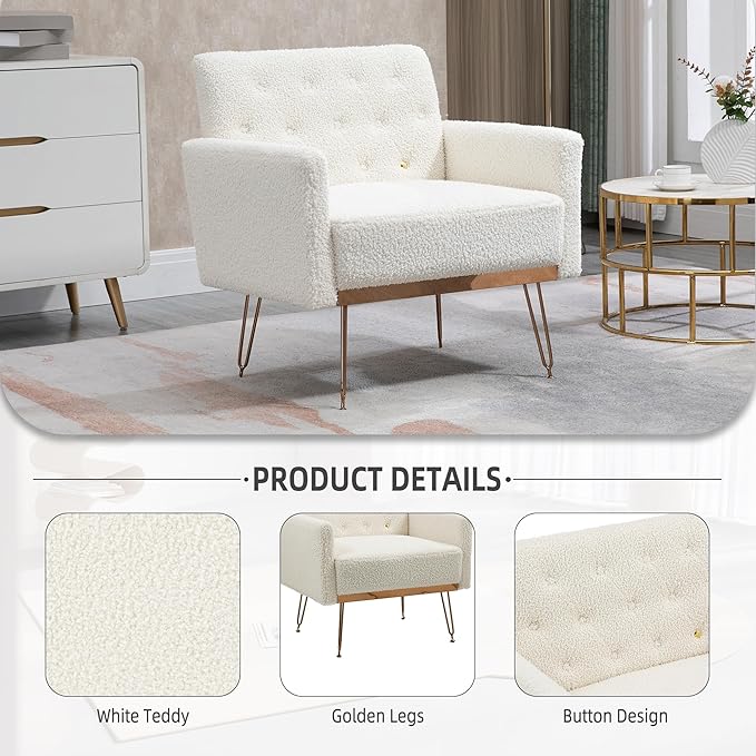 Accent Chair for Living Room, Comfy Oversized Velvet Upholstered Arm Chairs, Mid Century Modern Reading Single Sofa Side Chair with Tufted Back and Gold Legs for Bedroom (2, Teddy White)