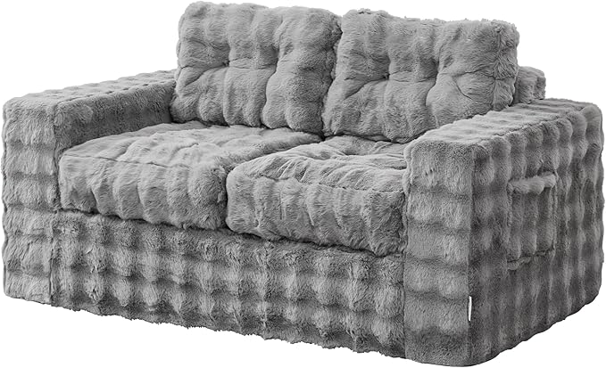 Hobestluk Sofa Couch Loveseat Sofa with Bubble Fabric 2-Seater Sofa for Small Spaces Comfortable Foam Floor Sofa 2 in 1 Boneless Couch for Living Room Bedroom Apartment or Office (Grey, Loveseat)