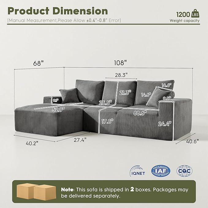 WESTSETLUX 108” Cloud Sectional Sofa Couch with High-Seat, Corduroy Modular Sofa with Oversized Chaise, High-Back Modern L-Shaped Couches for Living Room, No Assembly Required (Grey)