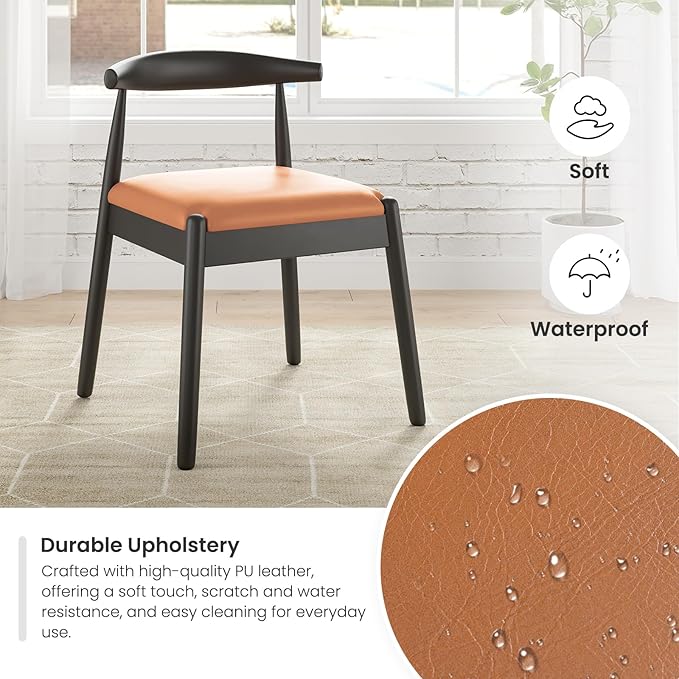 Farini Mid Century Modern Dining Chairs Set of 2, Solid Wood Frame Kitchen Chairs with PU Leather Upholstered Seat for Dining Room & Breakfast Nook,Black-Whiskey Brown