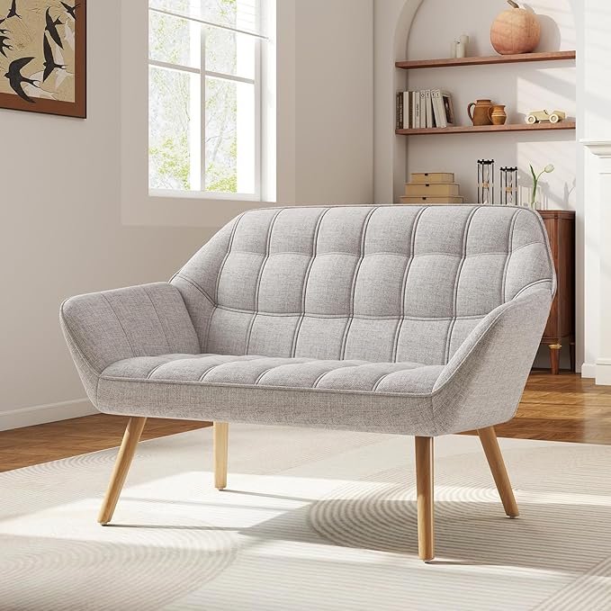 48" Small Loveseat Sofa, Mid Century Modern Linen Love Seat with Wood Legs 2-Seat Sofa Couch Tufted Wingback Upholstered Sofa Chair for Living Room Bedroom Apartment, Beige