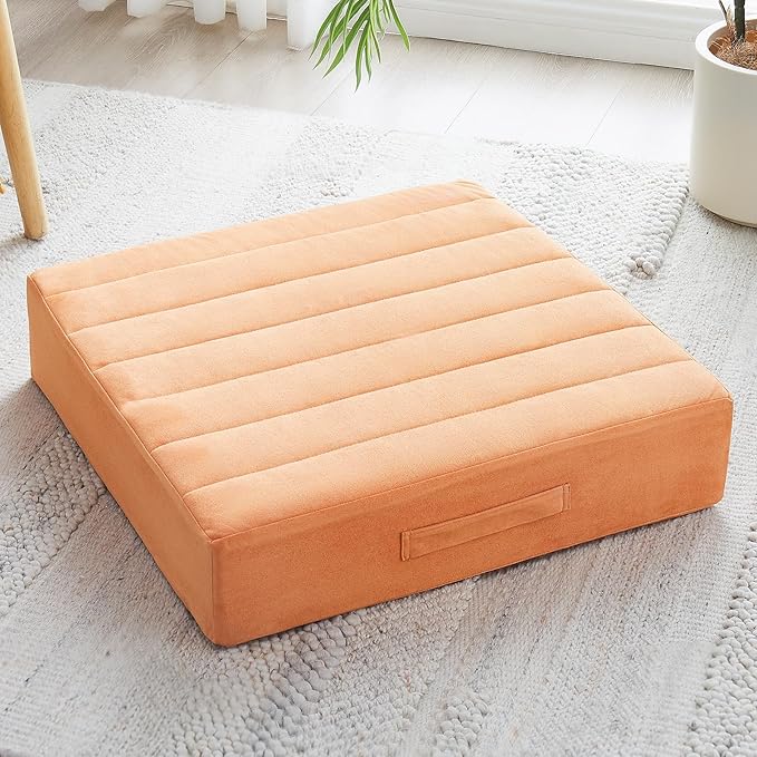 JKMAX 22 inches Floor Pillow for Adults - Large Meditation Cushion with Thick Foam & Soft Tufted Cover - Premium Outdoor Square Floor Cushion Seat - Yoga Pillows for Sitting On Floor - Orange