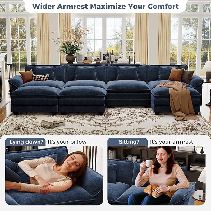 CDCASA 120" Oversized Modular Sectional Sofa, Comfy U-Shaped Cloud Couch w/ 2 Movable Ottoman, 5-Seater Chenille Deep Seat Modern Sofa Couch for Living Room, DIY Combination, Blue