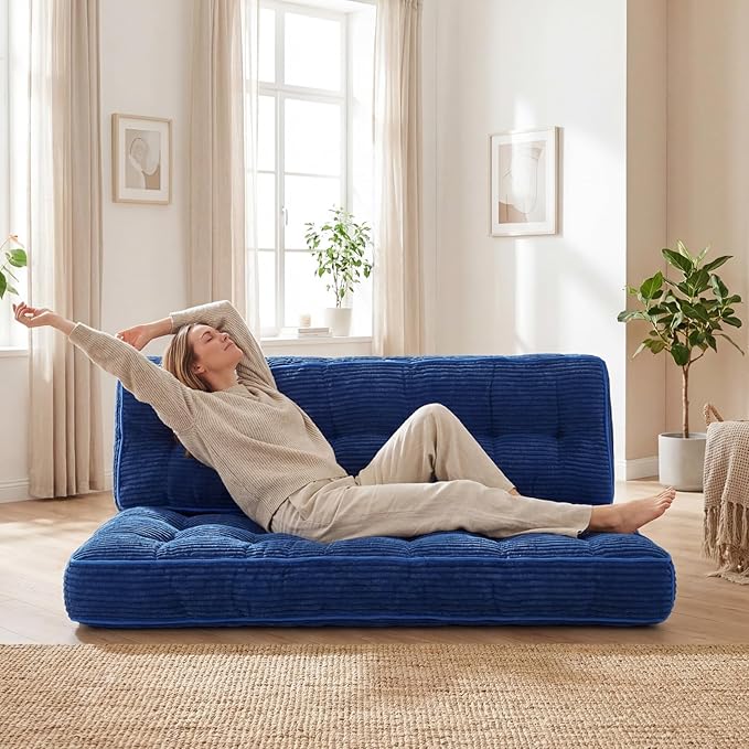 Vercraft 63 Inch Folding Bench Cushion, 4 Inch Thick 2-in-1 Convertible Long Floor Lounger Boneless Cushions Couch Mattress Upholstered for Yoga, Reading, Sleeping, Meditation Living Room(Navy)