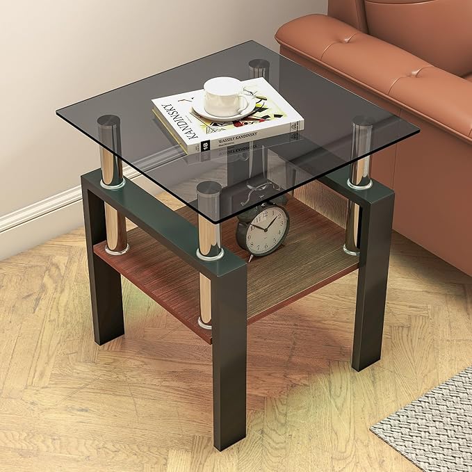 Set of 2 Modern Square Tea Tables, Tempered Glass Coffee and End Tables with MDF Layer for Living Room, Gray/Black