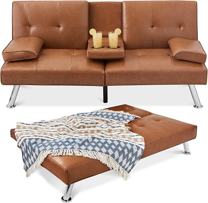 Best Choice Products Faux Leather Upholstered Modern Convertible Futon, Adjustable Folding Sofa Bed, Guest Bed w/Removable Armrests - Tan
