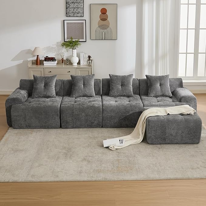 YAAREE 129.23”Modular Sectional Couch for Living Room, Modren L-Shape Cloud Sectional 4-Seater Sofa with Movable Ottoman, Woven Texture Upholstery Boneless Couch, No Assembly, Grey