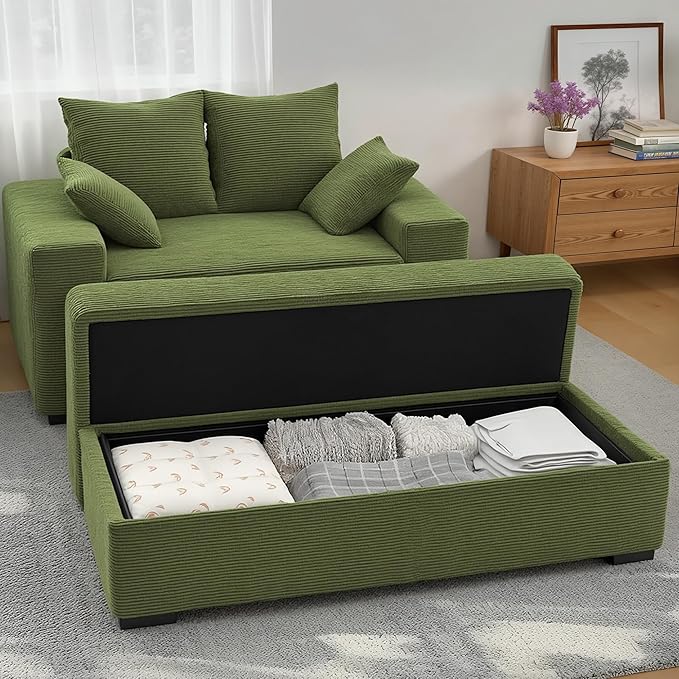Indoor Chaise Lounge Chair with Storage Ottoman, Modern 60-Inch Lounge Sofa Chair with Wide Armrests & 4 Pillows, Oversized Comfy Reading Lounger for Living Room, Bedroom（Medium-Rib Corduroy Green）