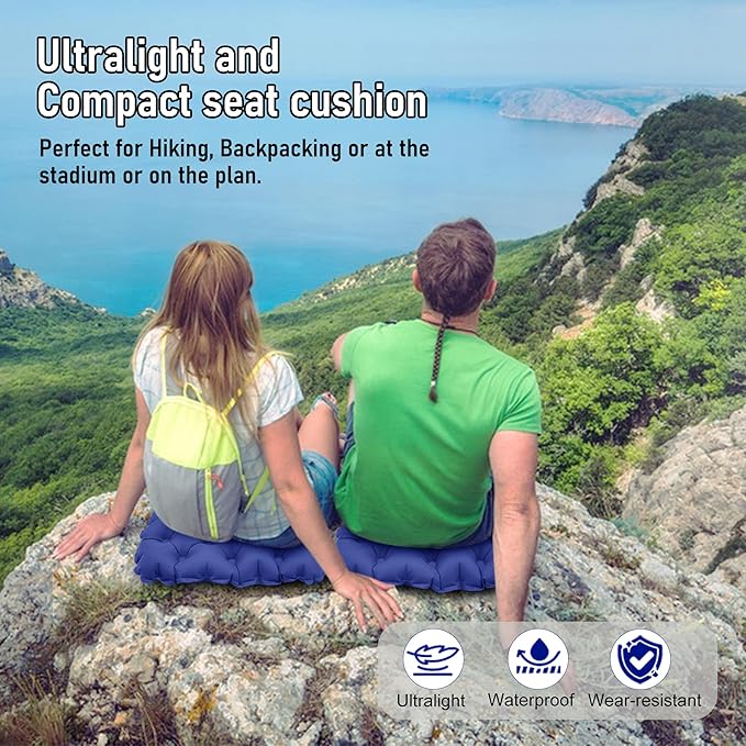 BreezCamp Inflatable Seat Cushion, Lightweight Stadium Seat Pad, Camping Accessories Chair Pad for Airplane Travel, Hiking, Climbing, Home and Office,Navy Blue