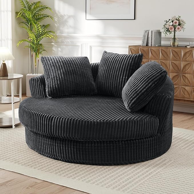 61"W Oversized Round Chaise Lounge Chair Indoor, Upholstered Corduroy Large Circle Boneless Chair with Deep Seat, No Assembly Required, Modern Comfy Cloud Sofa Chairs for Living Room, Bedroom(Grey)