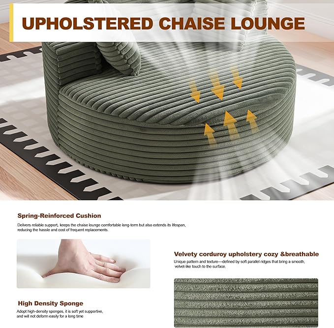 55'' Oversized Round Boneless Chaise Lounge Chair Indoor, Upholstered Corduroy Deep Seat Cloud Large Circle Sofa Couches Bed Corduroy Modern Floor No Assembly Sleeper Bed for Living Room, Bedroom