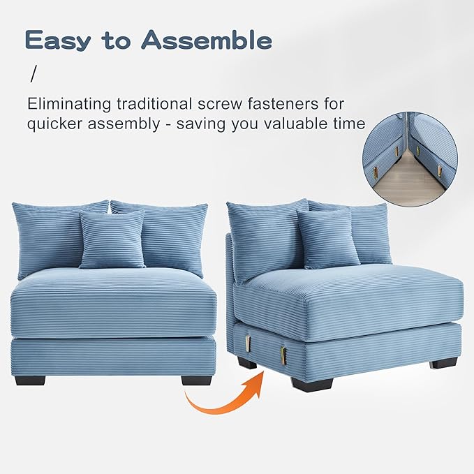 KEIKI 79" L-Shaped Oversized Corduroy Modular Cloud Sectional Sofa with 1 Ottoman, High-Density Foam Cushion, Extra-Thick Armrest, 3-Seater Fluffy Corner Couch with 10 Pillow, for Living Room, Blue