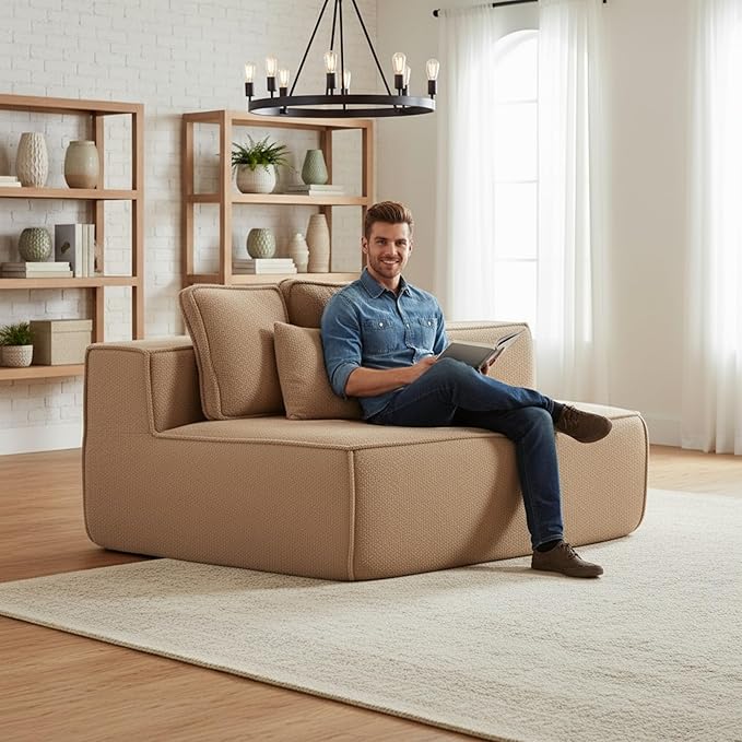 EPOFIT 1-Seater Teddy Fleece Modular Sofa Chair, Low-Profile Floor Seat with Wide Cushion and All-Foam Support, Left-Facing Design, Compressed Packaging – Brown