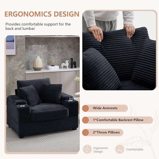 50" Oversized Chaise Lounge Chair Indoor with Ottoman and Storage, Deep Seat Upholstered Reading Chair, Comfy Corduroy Sleeper Chair with Cup Holder, Reclining Chair for Living Room, Bedroom, Black