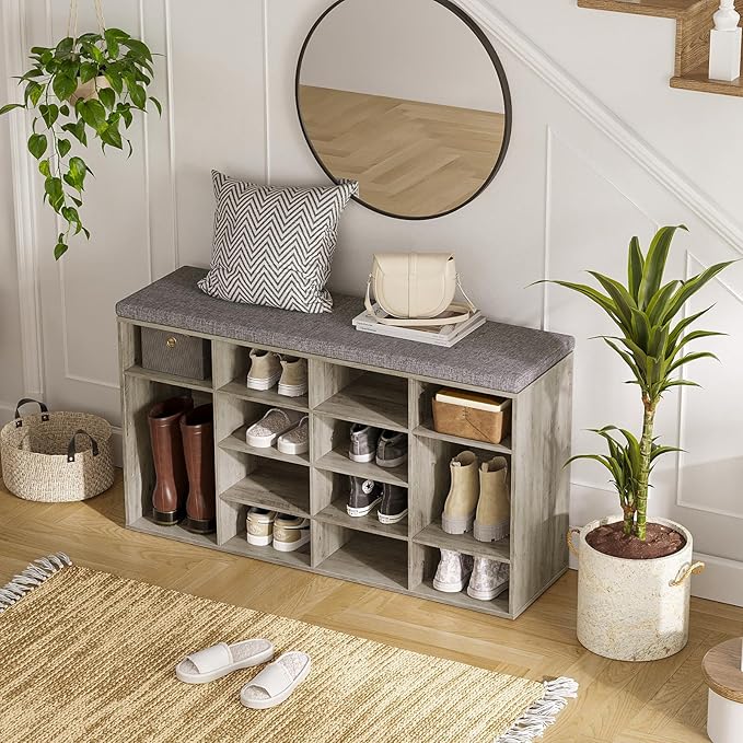 DINZI LVJ Shoe Storage Bench with Cushion, 16-Cubby Shoe Rack, Adjustable Shelves, Multifunctional Shoe Organizer Bench for Entryway, Mudroom, Hallway, Living Room, Bedroom and Garage, Gray Wash