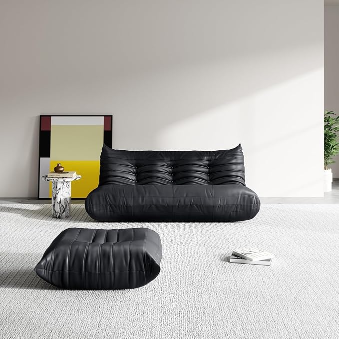 Foam Bean Bag Chairs for Adults,Big Faux Leather Bean Bag Lounger Couches, Modern Sofa,Floor Lazy Sponge Couch for Living Room Bedroom Dorm Office,Black