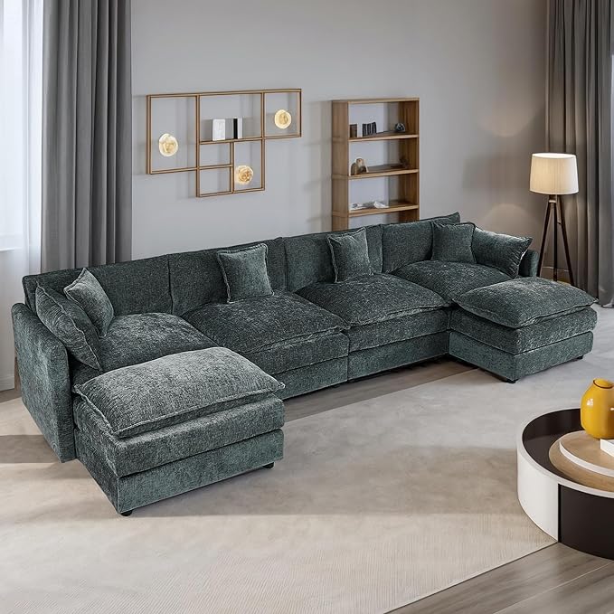 Aoowow Modular Sectional Sofa Modern Convertible U Shaped Couch,147.2 Inch Deep 4-Seater Sofas Set Comfy Chenille Cloud Sofas and Couches with Movable Ottoman for Living Room Apartment（Grey）
