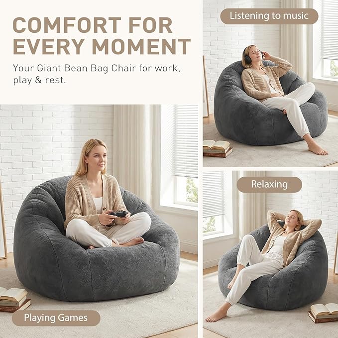 HUGHEAVEN Giant Bean Bag Chair, Oversized Bean Bag Chairs for Adults and Kids,Bean Bag Chairs for Teens,Comfy Fluffy Bean Bag Chair with Armrests,Bean Bag Sofa Lounge Floor Sofa for Gaming, Reading