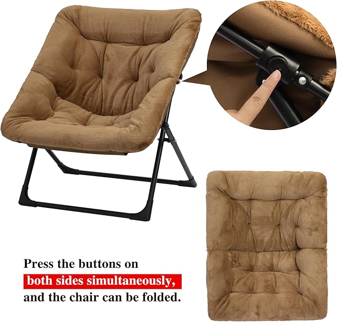 Comfy Saucer Chair for Adults, Soft Faux Fur Bedroom Chair with Ottoman, Accent Dorm Chairs, Living Room Reading Chairs and Footstool, Folding Lounge Seat for Teens, X-Large, Brown