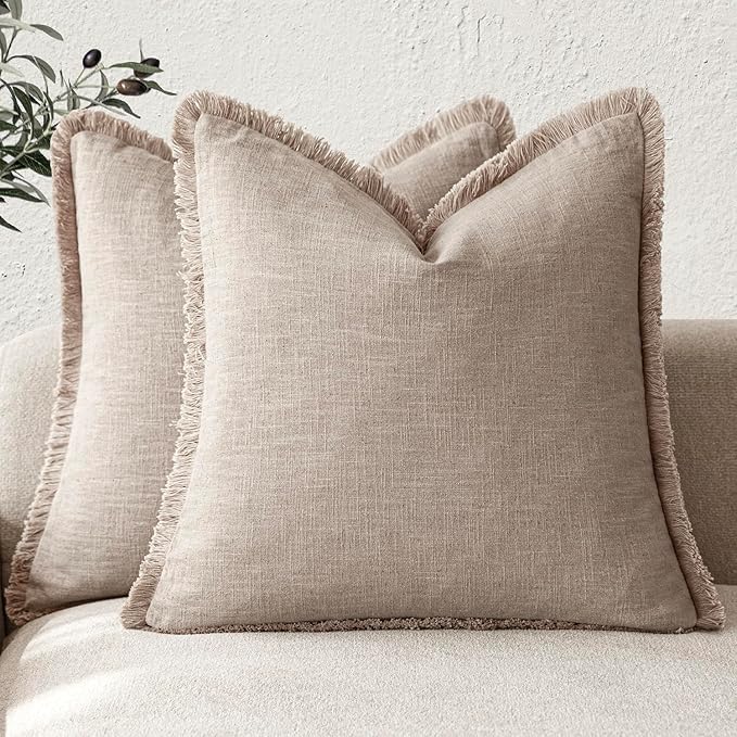 Foindtower Set of 2 Decorative Linen Fringe Throw Pillow Covers Boho Farmhouse Cushion Cover with Tassels Soft Accent Pillowcase for Couch Sofa Bed Living Room Home Decor,26×26 Inch,Natural Linen