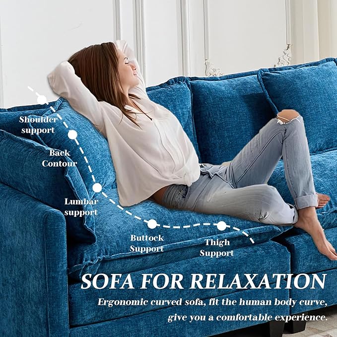 SoarFlash 113.78" Chenille Sectional Sofa, Comfy Modular Loveseat Sofa, Modern 3-Seat Couch Deep Seat Sofa Set for Living Room,Blue