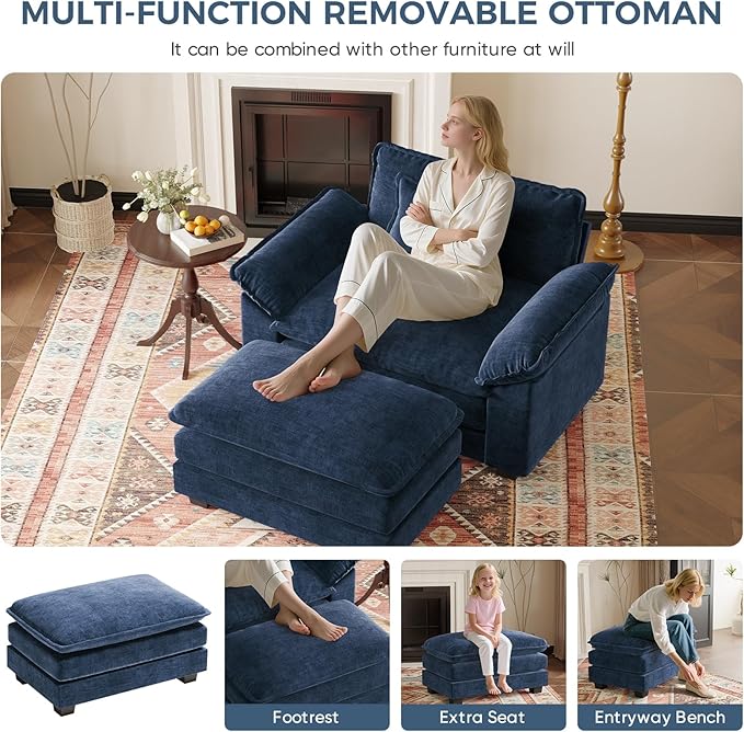HUSFU Oversized Accent Chair with Ottoman, Chenille Cloud Couch Chair with Deep Seat and Extra Wide Armrests, Comfy Reading Armchair for Bedroom, Living Room, Set of 2, Blue