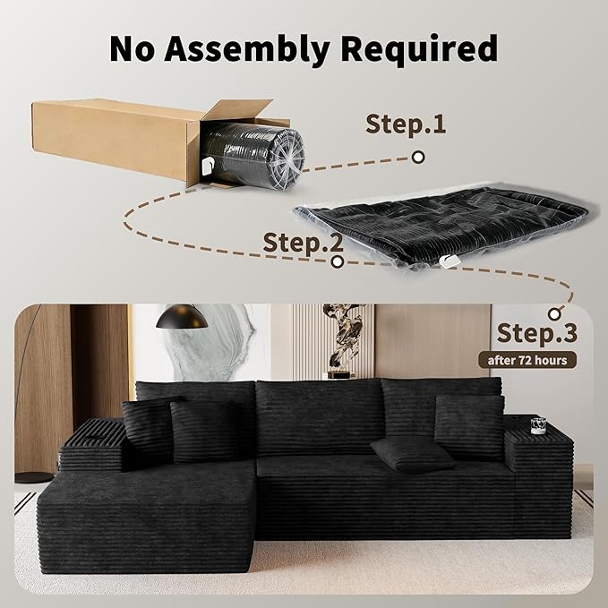 Cibert 104.3" Modular Sectional Sofa with Ottoman, Black Boneless Couch Left Facing Chaise U Shaped Couches with USB Ports, 2 Cup Holders, 2 Storage Bags & Lint Remover, No Assembly Sectional Couch
