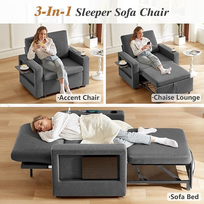 WEUP 42.5" Sleeper Sofa Chair Bed, 3-in-1 Convertible Sleeper Chair with Pull Out Bed, Adjustable Reclining Backrest, Side Pockets, Cup Holder, USB Ports & Wing Table, Premium Dark Grey