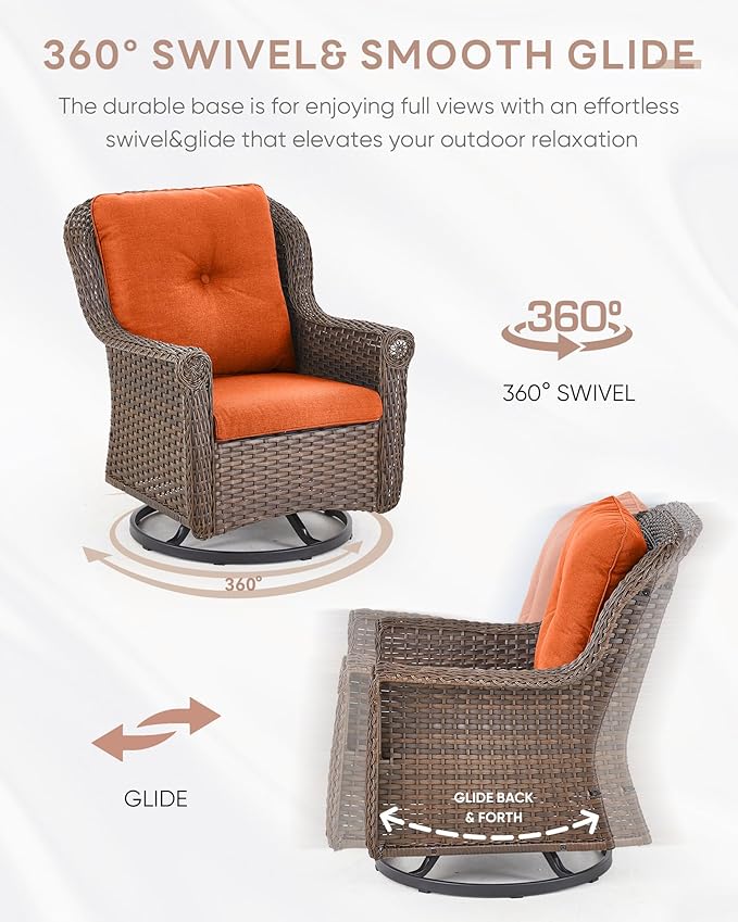ACTREST 3 Piece Patio Swivel Chairs and Side Table Set - High Back Outdoor Brown Wicker Rattan Rocking Glider with Thick Cushions for Porch Apartment Deck Yard Poolside Garden - Orange