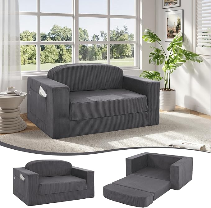 MeMoreCool Convertible Sofa Bed, Pull Out Loveseat Sleeper Sofa, Small Boneless Cloud Couch Bed for Adults, Fold Out Foam Love Seat, Corduroy Folding Floor Couch for Bedroom, Dark Grey
