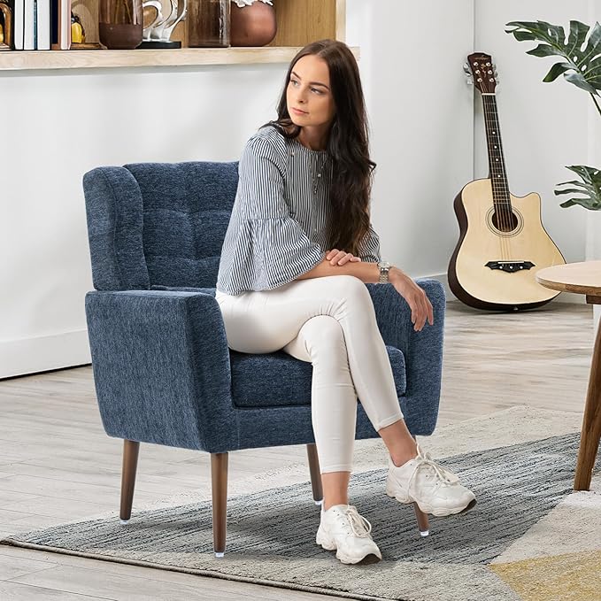 QKFF Modern Accent Chair, Upholstered Armchair with Pillow, Fabric Single Sofa Chair with Lounge Seat and Wood Legs Accent Chair for Living Room Bedroom Small Spaces (Dark Blue)