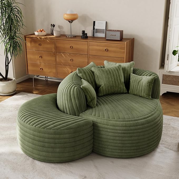 50" W Oversized Round Chaise Lounge Chair with Ottoman Indoor Boneless Plush Fluffy Corduroy Circle Couch Soft Comfy Cozy Cloud Reading Chair for Living Room, Playroom, Bedroom - Green