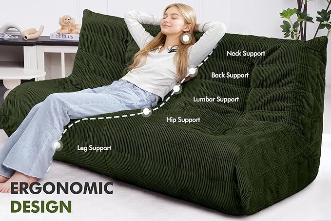 Bean Bag Chair,Giant Beanbag Chairs for Adults,Comfy Large Fireside Chair Lazy Sofa,Corduroy Bean Bag Lounger with Memory Foam Filled,Floor Sofa Couch for Home,Living Room (Green, 3-Seater)