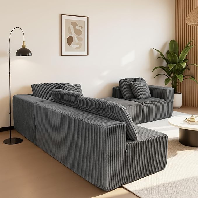 132" U Shaped Modular Sofa, 4-Seater Sectional Cloud Couch with Chaise, Soft Corduroy Boneless for Living Room, No Assembly Required, Free Configuration,Grey