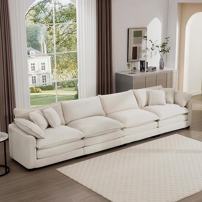 Aoowow Corduroy 4 Seater Sofa Couch,Modern Large Cloud Couches for Living Room,Tufted Modular Sectional Cloud Sofas with Deep Seat,Oversized 4 Seat Sofa Set (Beige, 4 Seater)