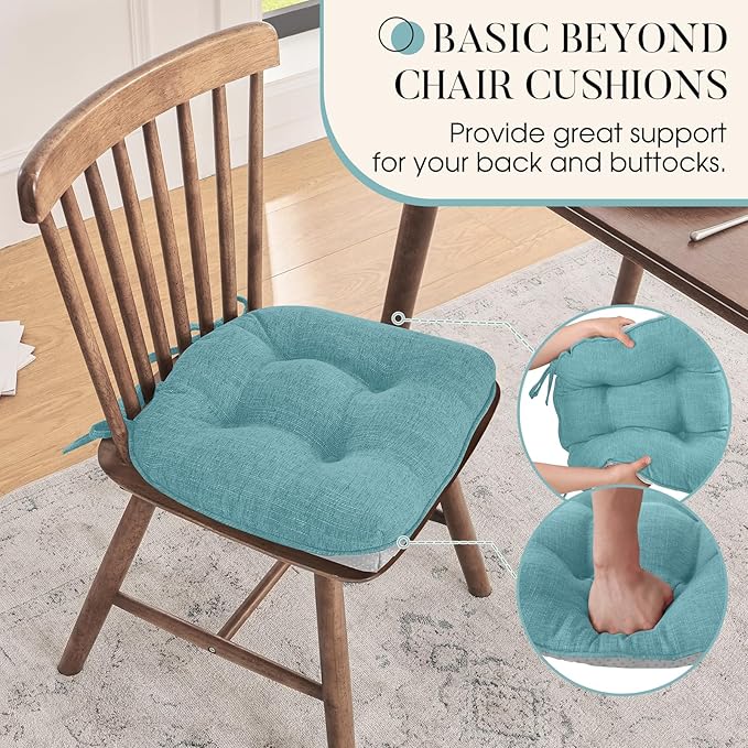 Basic Beyond Chair Cushions for Dining Chairs 4 Pack, Chair Cushion with Ties and Non Slip Backing, 15.5 x 15.5 inches Tufted Chair Pads for Dining Chairs(Aqua Blue)
