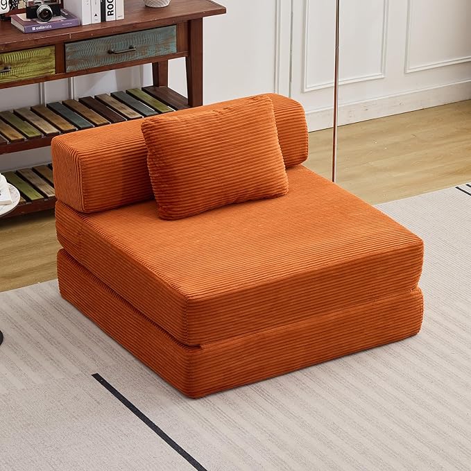 Folding Sofa Bed, Convertible Sleeper Chair with Pillow, Single Sofa with Back Support, Portable Fold Out Chair Cloud Couch Bed, Comfy Floor Sofa Lounge for Living Room Bedroom, Orange